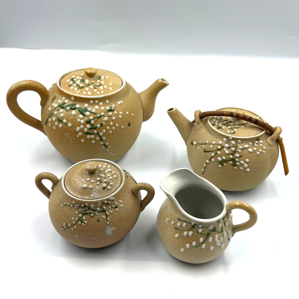 Antique‎ Meiji Period Tea Set 4 Pieces Shark Skin Moriage Porcelain Cream Sugar